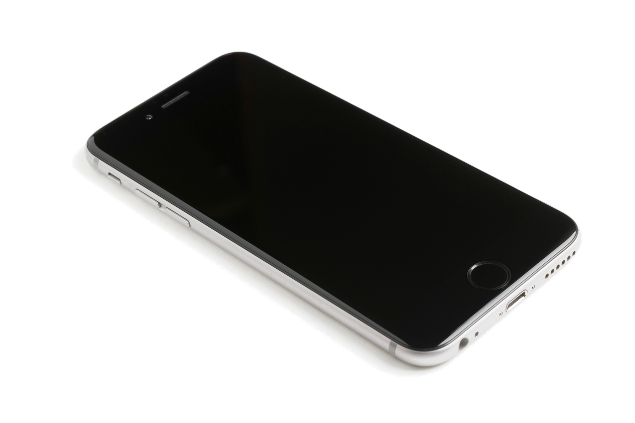 A modern smartphone with a blank screen lying on a white surface, showcasing sleek design.